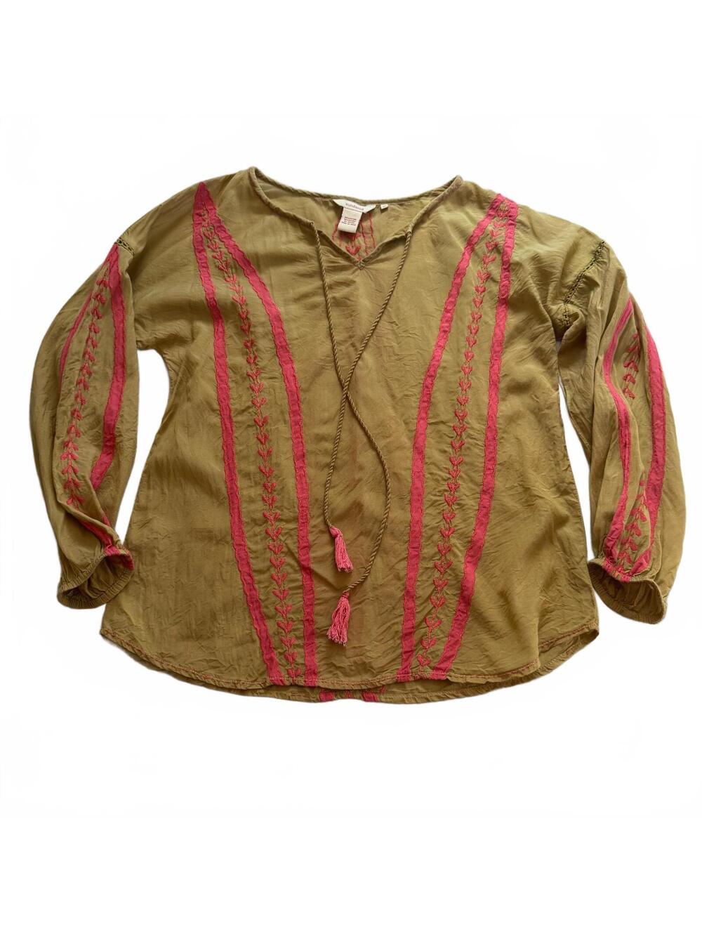 Sundance Olive Green Boho Embroidered Peasant Blouse Top Hot Pink Hearts M